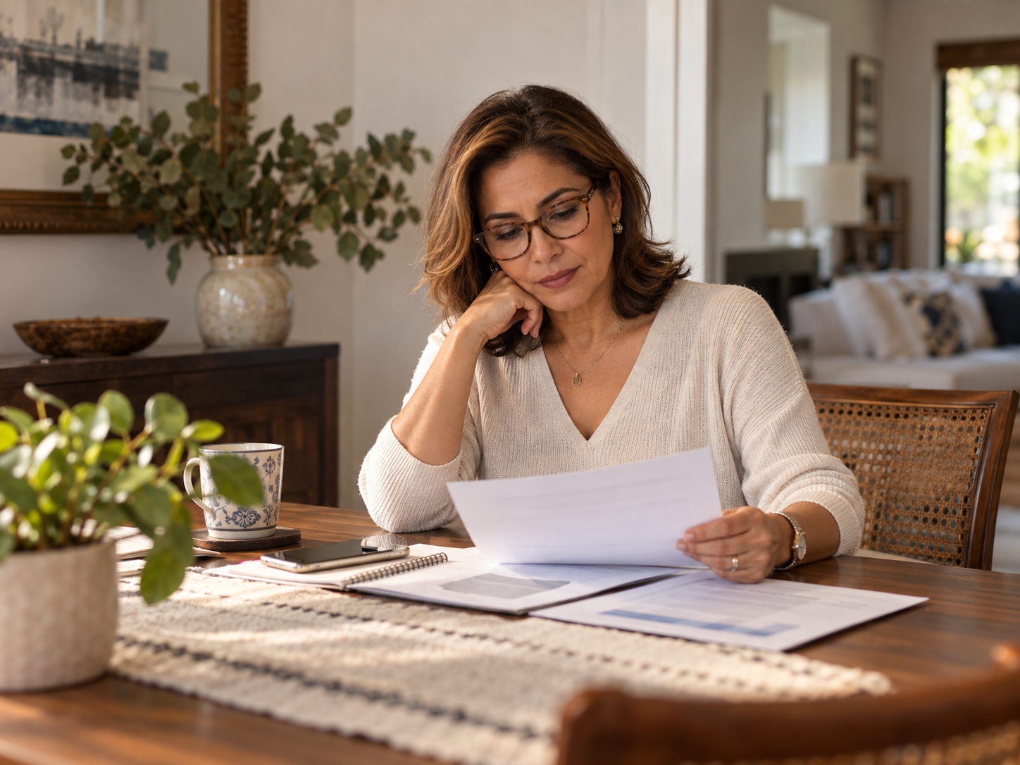 Mujer de alrededor de 58 años revisando con calma sus documentos laborales en casa